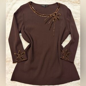 🤎 Vintage Frank Saul Hand Beaded Sweater Brown 90s Embellished Floral Top Small